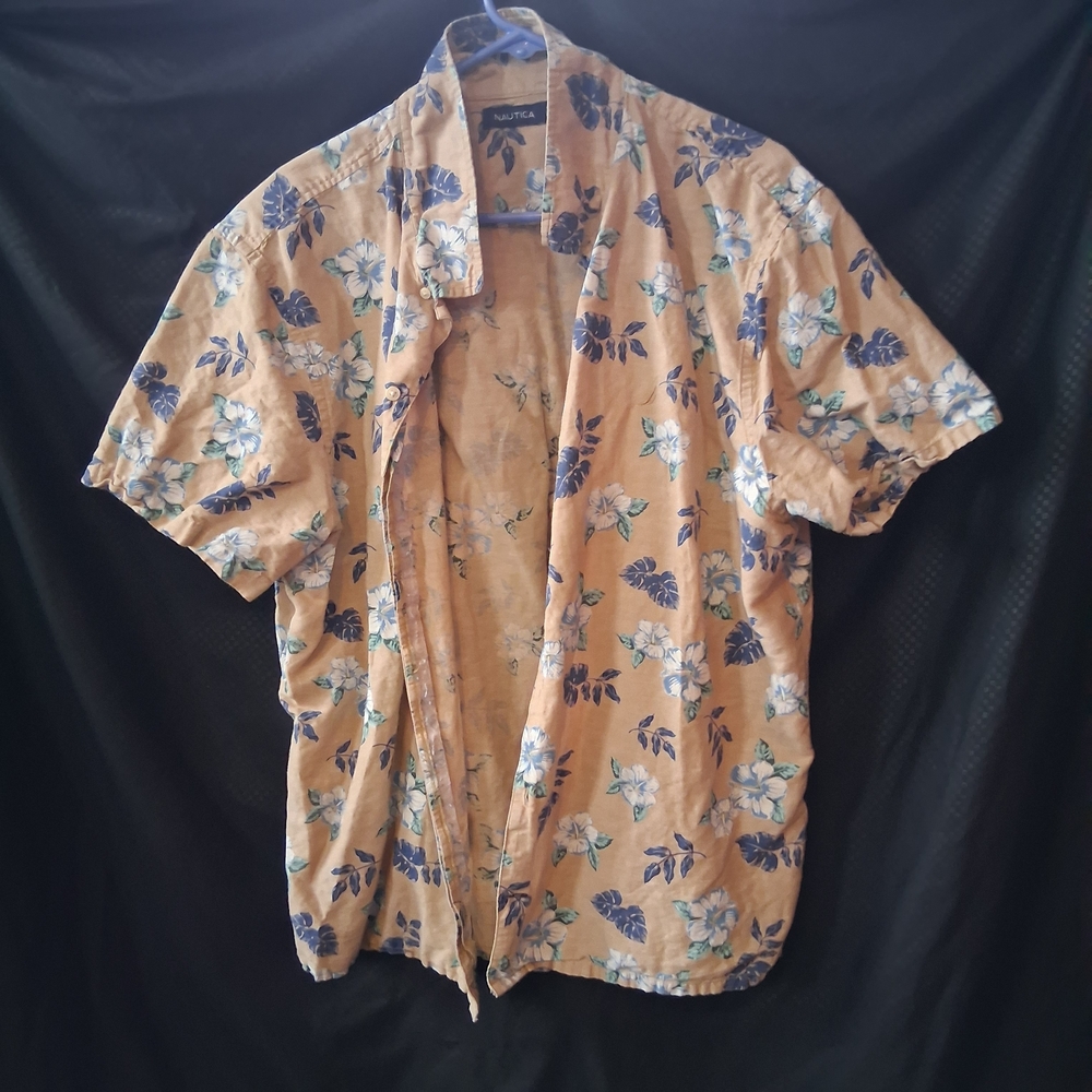 Nautica Men's Floral Button Down Shirt - Brown with Blue and White